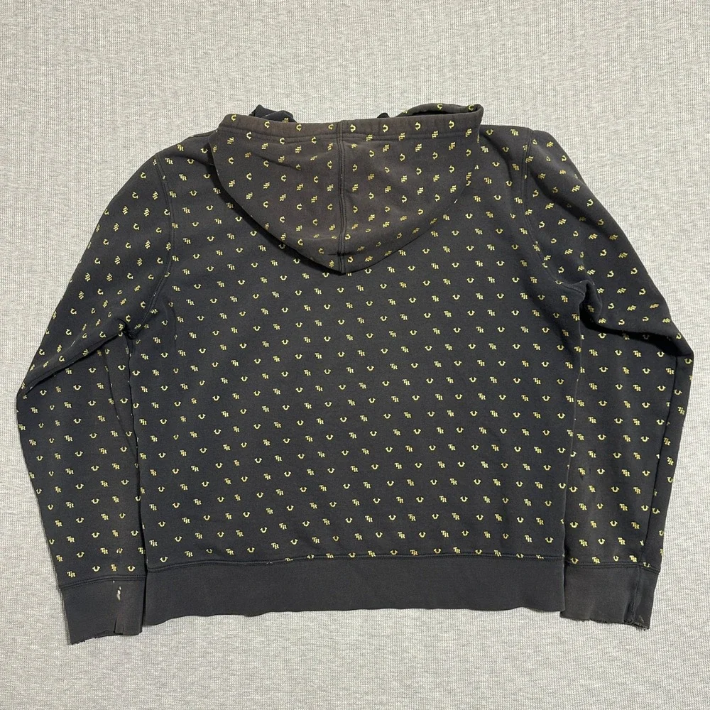 True Religion Monogram AOP Pullover Hoodie Black Gold Horseshoe Logo Y2K X-Large